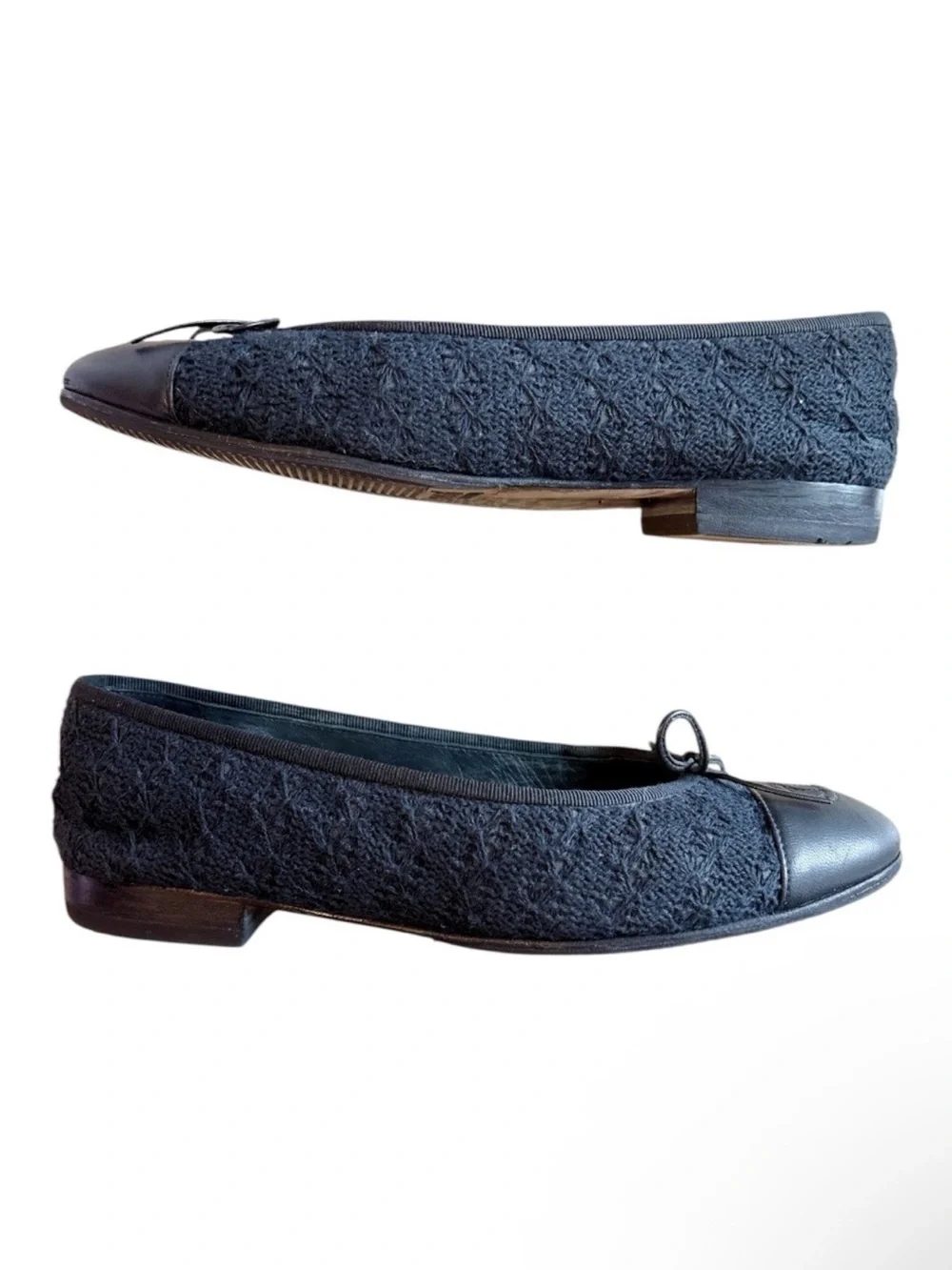 CHANEL CC Cap Toe Ballet Flats EU 39.5 US 9.5 Black Tweed Crochet Lambskin Shoe